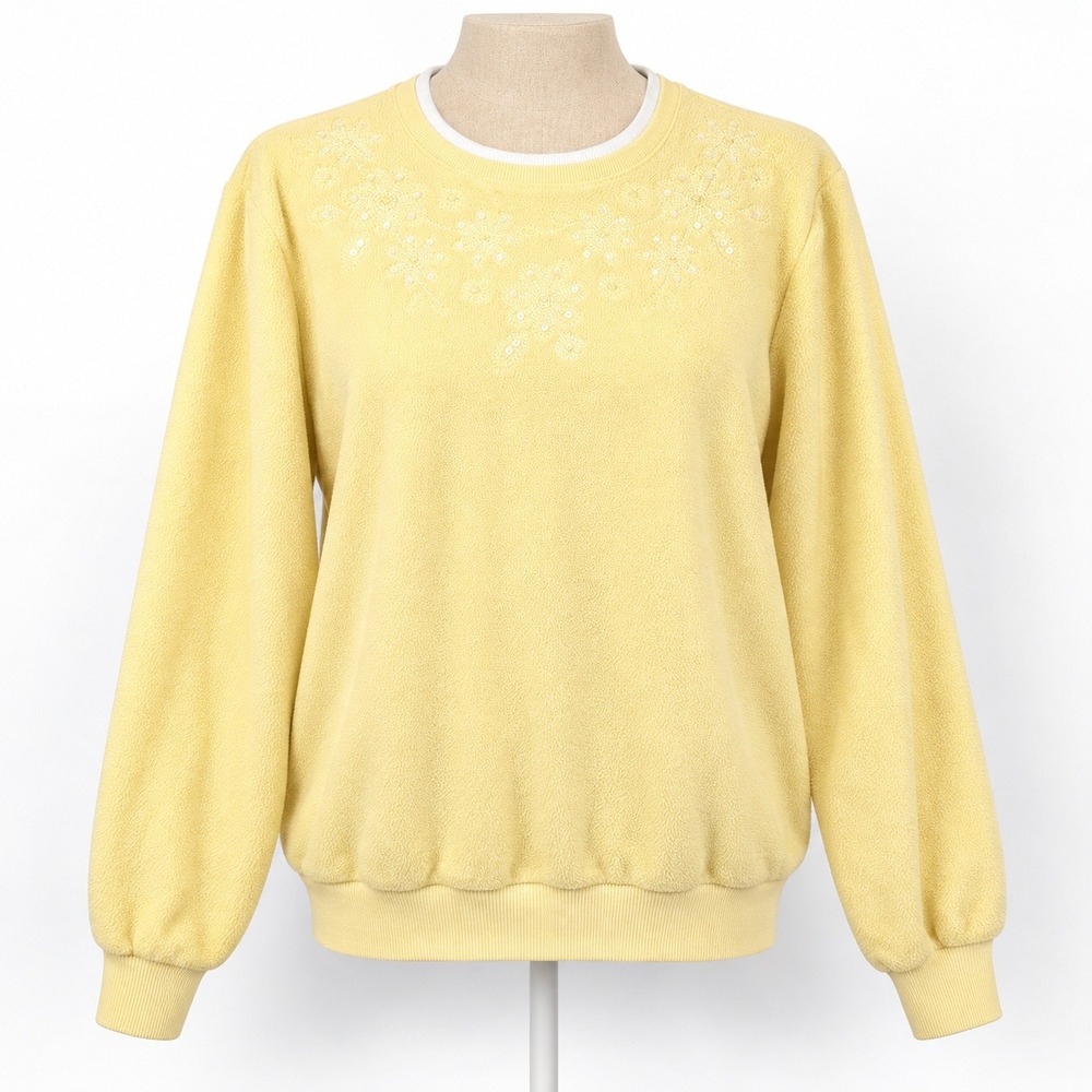 Vintage 90s Floral Sequin Embroidered Fleece Sweatshirt Sz S Yellow Cottagecore